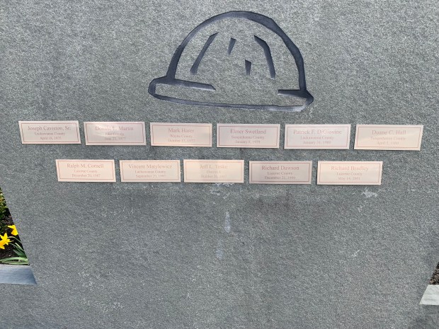 The Pennsylvania State Department of Transportation PennDOT Engineering District 4 Work Zone Safety memorial dedicated to the district's fallen workers has plaques with names of 11 fallen workers, on display at the district office at 55 Keystone Industrial Park Road in Dunmore, on April 7, 2026. (JIM LOCKWOOD / STAFF PHOTO)