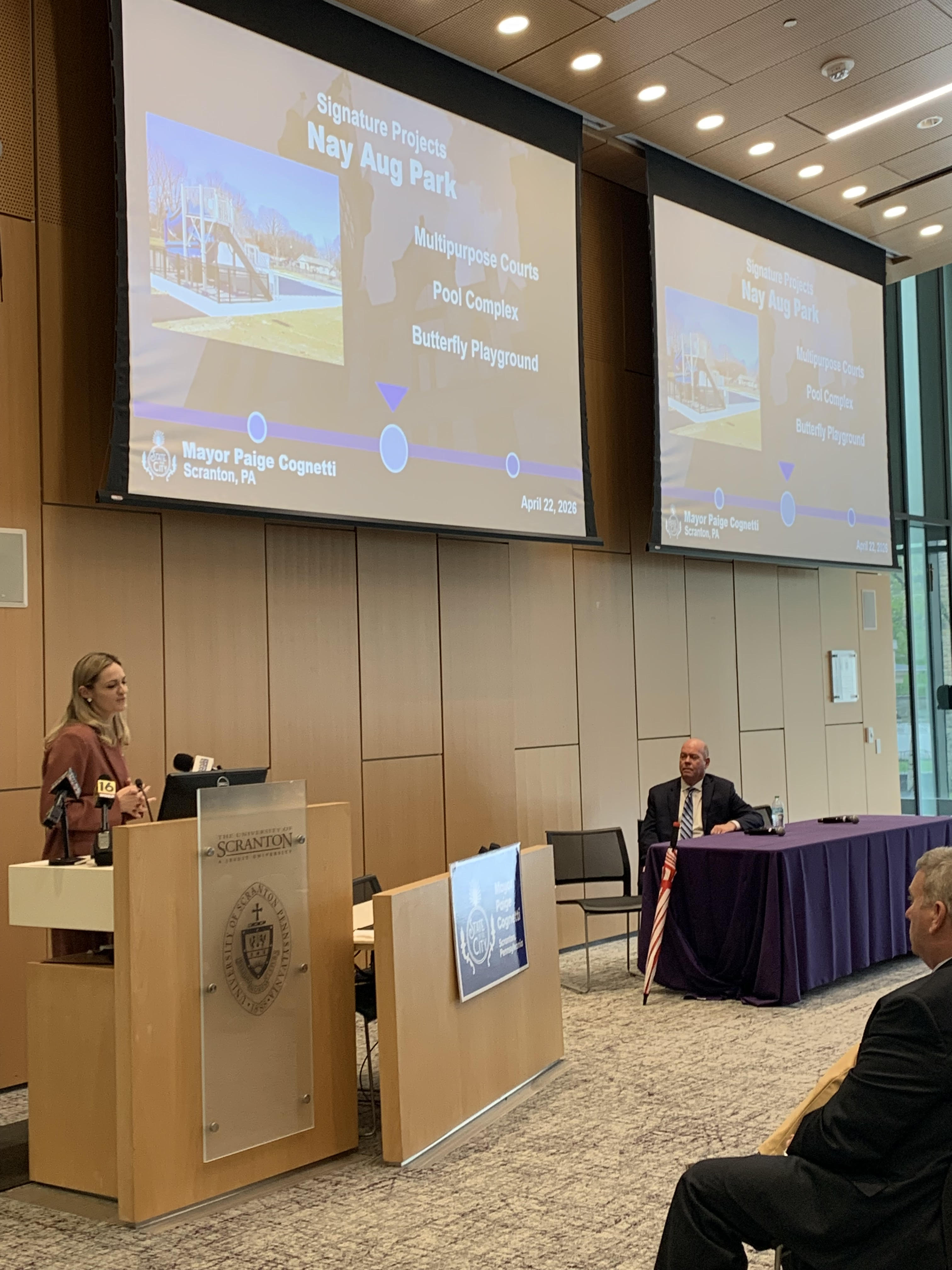 Scranton Mayor Paige Gebhardt Cognetti, at left, delivers the annual...