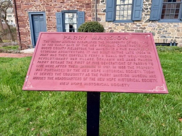 A historical marker about the Parry Mansion in New Hope, Pennsylvania. (Courtesy of New Hope Historical Society)