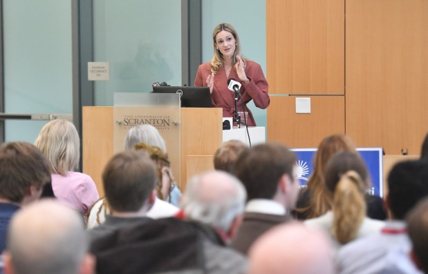 Scranton Mayor Paige Gebhardt Cognetti gives the State of the City Address in the Kane Forum at University of Scranton's Leahy Hall in Scranton Wednesday, April 22, 2026. (SEAN MCKEAG / STAFF PHOTOGRAPHER)