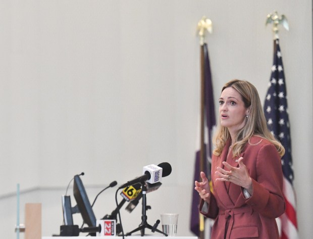 Scranton Mayor Paige Gebhardt Cognetti gives the State of the City Address in the Kane Forum at University of Scranton's Leahy Hall in Scranton Wednesday, April 22, 2026. (SEAN MCKEAG / STAFF PHOTOGRAPHER)
