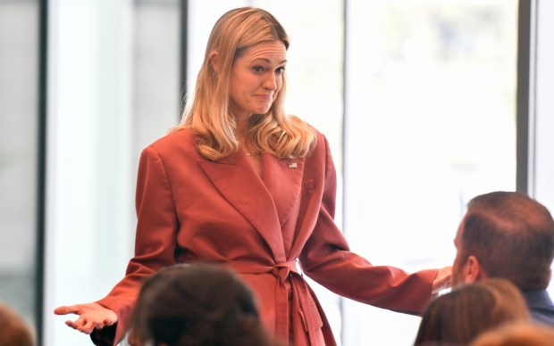 Scranton Mayor Paige Gebhardt Cognetti has conversation before the State of the City Address in the Kane Forum at University of Scranton's Leahy Hall in Scranton Wednesday, April 22, 2026. (SEAN MCKEAG / STAFF PHOTOGRAPHER)