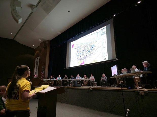 Archbald resident Tamara Misewicz-Healey cross-examines representatives from the Wildcat Ridge Data Center Campus during a public hearing at the Valley View High School in Archbald on Tuesday, March 10, 2026. (FRANK WILKES LESNEFSKY / STAFF PHOTO)