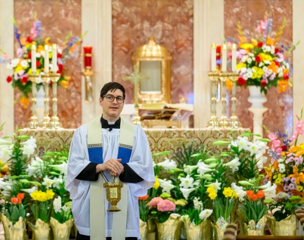 Rev. Giuseppe Esposito speaks Saturday, April 4, 2026, during a blessing of the food baskets on Holy Saturday at St. Anne Catholic Church in Bethlehem. (April Gamiz/The Morning Call)