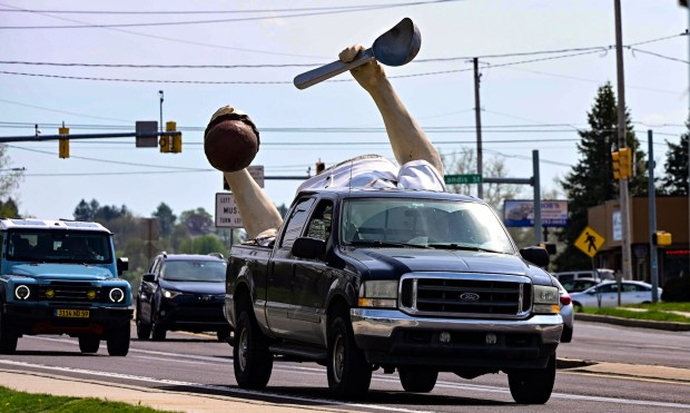 The top half of Giant Chip arrives in the back of a pick-up truck Thursday, April 16, 2026, at Inside Scoop in Coopersburg. The popular, 25-foot-high statue was toppled by high winds in February. Roadside artist Mark Cline, who built the statue, was on site Thursday to repair it. (Monica Cabrera / The Morning Call)