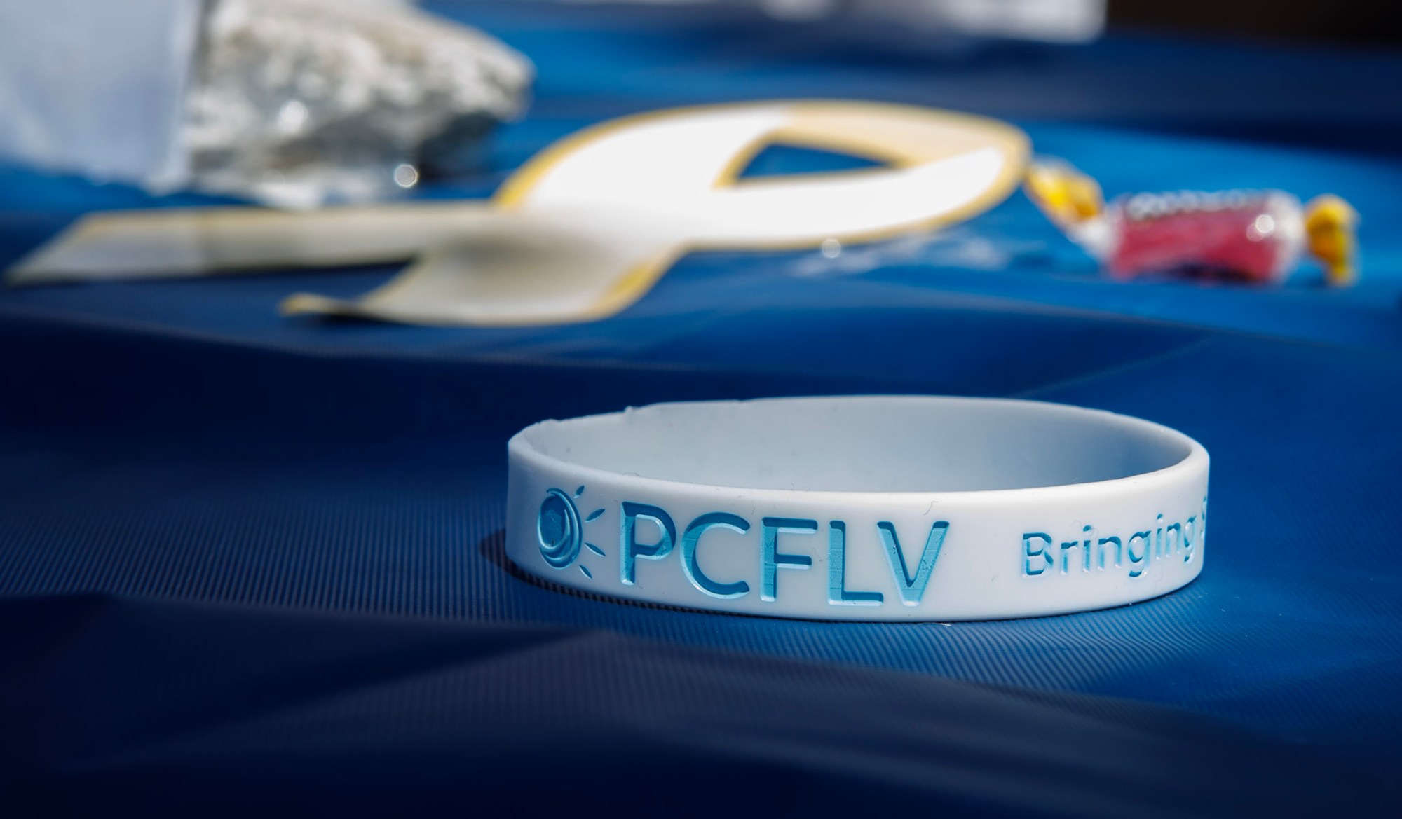 A Pediatric Cancer Foundation of the Lehigh Valley rubber bracelet on display during Pawapalooza on Saturday, April 11, 2026, at Moravian University's Priscilla Payne Hurd Academic Complex in Bethlehem. The event supports the Pawprint Project, a student-led organization raising money for the Pediatric Cancer Foundation of the Lehigh Valley. It features live music, games and other activities.(Jane Therese/Special to The Morning Call)