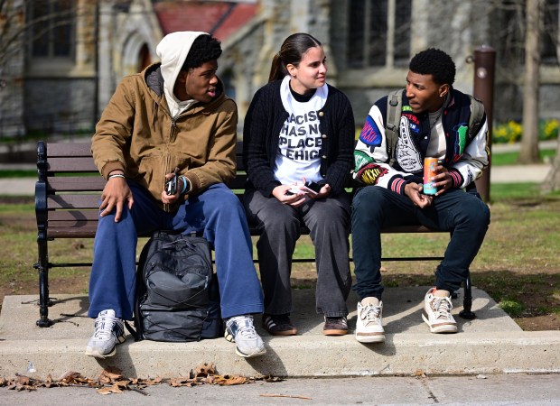 Lehigh University students hold a public demonstration against racism Monday, April 6, 2026, at the university in Bethlehem. Students say racist messages were drawn on two plastic jugs, known as BORGs, found on or near the campus in recent months, and they were calling on leadership to address it. (Monica Cabrera/The Morning Call)