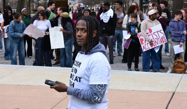 Justin Burrell, president of Lehigh University's Black Student Union, speaks Monday, April 6, 2026, at a public demonstration against racism at the university in Bethlehem. Students say racist messages were drawn on two plastic jugs, known as BORGs, found on or near the campus in recent months, and they were calling on leadership to address it. (Monica Cabrera/The Morning Call)