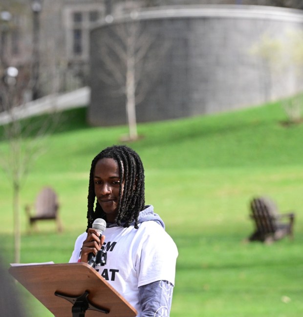Justin Burrell, president of Lehigh University's Black Student Union, speaks Monday, April 6, 2026, at a public demonstration against racism at the university in Bethlehem. Students say racist messages were drawn on two plastic jugs, known as BORGs, found on or near the campus in recent months, and they were calling on leadership to address it. (Monica Cabrera/The Morning Call)