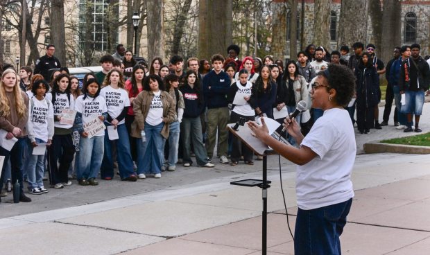 Lehigh University student Kaitlan Prioleau speaks Monday, April 6, 2026, at a public demonstration against racism at the university in Bethlehem. Students say racist messages were drawn on two plastic jugs, known as BORGs, found on or near the campus in recent months, and they were calling on leadership to address it. (Monica Cabrera/The Morning Call)