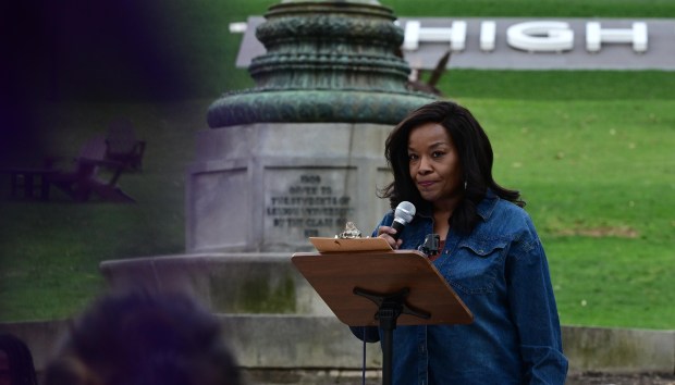 Lehigh University Professor Kashi Johnson speaks Monday, April 6, 2026, at a public demonstration against racism at the university in Bethlehem. Students say racist messages were drawn on two plastic jugs, known as BORGs, found on or near the campus in recent months, and they were calling on leadership to address it. (Monica Cabrera/The Morning Call)