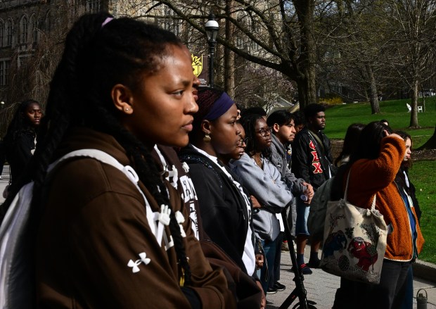 Lehigh University students attend a public demonstration against racism Monday, April 6, 2026, at the university in Bethlehem. Students say racist messages were drawn on two plastic jugs, known as BORGs, found on or near the campus in recent months, and they were calling on leadership to address it. (Monica Cabrera/The Morning Call)