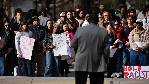Lehigh University students attend a public demonstration against racism Monday, April 6, 2026, at the university in Bethlehem. Students say racist messages were drawn on two plastic jugs, known as BORGs, found on or near the campus in recent months, and they were calling on leadership to address it. (Monica Cabrera/The Morning Call)