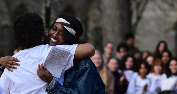 Lehigh University student Amayah Wade recites the Maya Angelou poem "Still I Rise" during a public demonstration against racism Monday, April 6, 2026, at the university in Bethlehem. Students say racist messages were drawn on two plastic jugs, known as BORGs, found on or near the campus in recent months, and they were calling on leadership to address it. (Monica Cabrera/The Morning Call)