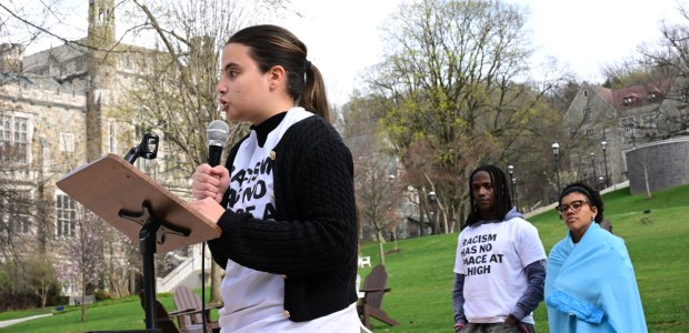 Lehigh University student Mariana Roldán, chair of Student Senate Diversity & Inclusion Committee, speaks during a public demonstration against racism Monday, April 6, 2026, at the university in Bethlehem. Students say racist messages were drawn on two plastic jugs, known as BORGs, found on or near the campus in recent months, and they were calling on leadership to address it. (Monica Cabrera/The Morning Call)