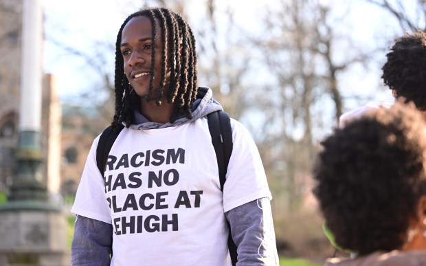 Justin Burrell, president of Lehigh University's Black Student Union, speaks Monday, April 6, 2026, at a public demonstration against racism at the university in Bethlehem. Students say racist messages were drawn on two plastic jugs, known as BORGs, found on or near the campus in recent months, and they were calling on leadership to address it. (Monica Cabrera/The Morning Call)