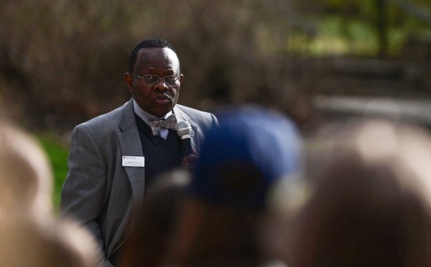 Henry Odi, deputy vice president for equity and community and associate provost for academic diversity at Lehigh University, speaks during a public demonstration against racism Monday, April 6, 2026,  at the university in Bethlehem. Students say racist messages were drawn on two plastic jugs, known as BORGs, found on or near the campus in recent months, and they were calling on leadership to address it. (Monica Cabrera/The Morning Call)
