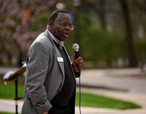 Henry Odi, deputy vice president for equity and community and associate provost for academic diversity at Lehigh University, speaks during a public demonstration against racism Monday, April 6, 2026,  at the university in Bethlehem. Students say racist messages were drawn on two plastic jugs, known as BORGs, found on or near the campus in recent months, and they were calling on leadership to address it. (Monica Cabrera/The Morning Call)