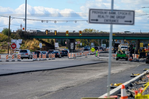 Traffic moves among construction Friday, Oct. 24, 2025, near the interchange of Route 309 and Tilghman Street in South Whitehall Township. (April Gamiz/The Morning Call)