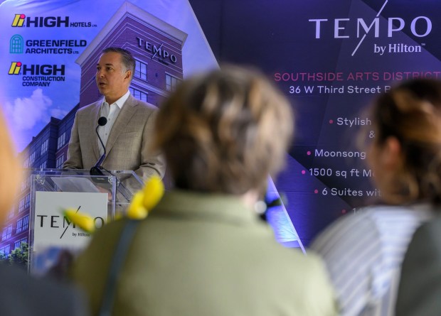 David Aungst, president of High Hotels Ltd., speaks Tuesday, April 28, 2026, during a groundbreaking ceremony for a new Tempo by Hilton hotel. The 100-foot-tall, 141-room hotel marks a major investment in Bethlehem's SouthSide, and is scheduled to open in October 2027. (April Gamiz/The Morning Call)
