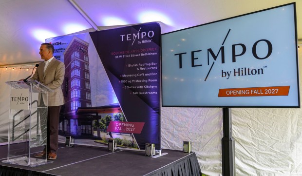 David Aungst, president of High Hotels Ltd., speaks Tuesday, April 28, 2026, during a groundbreaking ceremony for a new Tempo by Hilton hotel. The 100-foot-tall, 141-room hotel marks a major investment in Bethlehem's SouthSide, and is scheduled to open in October 2027. (April Gamiz/The Morning Call)