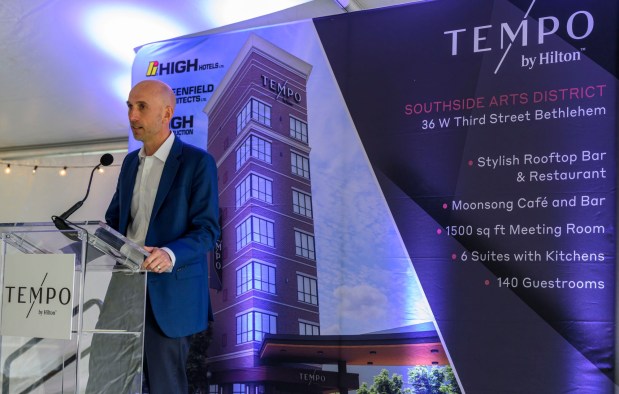 Bethlehem Mayor J. William Reynolds speaks Tuesday, April 28, 2026, during hotel developer High Hotels's groundbreaking ceremony for a new Tempo by Hilton hotel. The 100-foot-tall, 141-room hotel marks a major investment in Bethlehem's SouthSide, and is scheduled to open in October 2027. (April Gamiz/The Morning Call)