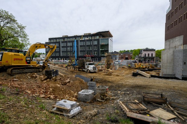 Construction continues Tuesday, April 28, 2026, on the Tempo by Hilton hotel in Bethlehem. The 100-foot-tall, 141-room hotel marks a major investment in Bethlehem's SouthSide, and is scheduled to open in October 2027. (April Gamiz/The Morning Call)