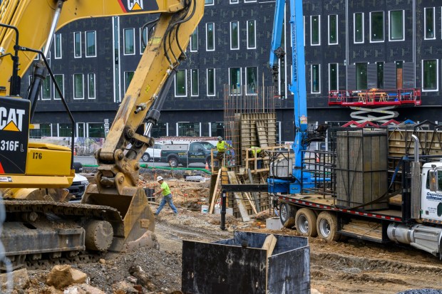 Construction continues Tuesday, April 28, 2026, on the Tempo by Hilton hotel in Bethlehem. The 100-foot-tall, 141-room hotel marks a major investment in Bethlehem's SouthSide, and is scheduled to open in October 2027. (April Gamiz/The Morning Call)