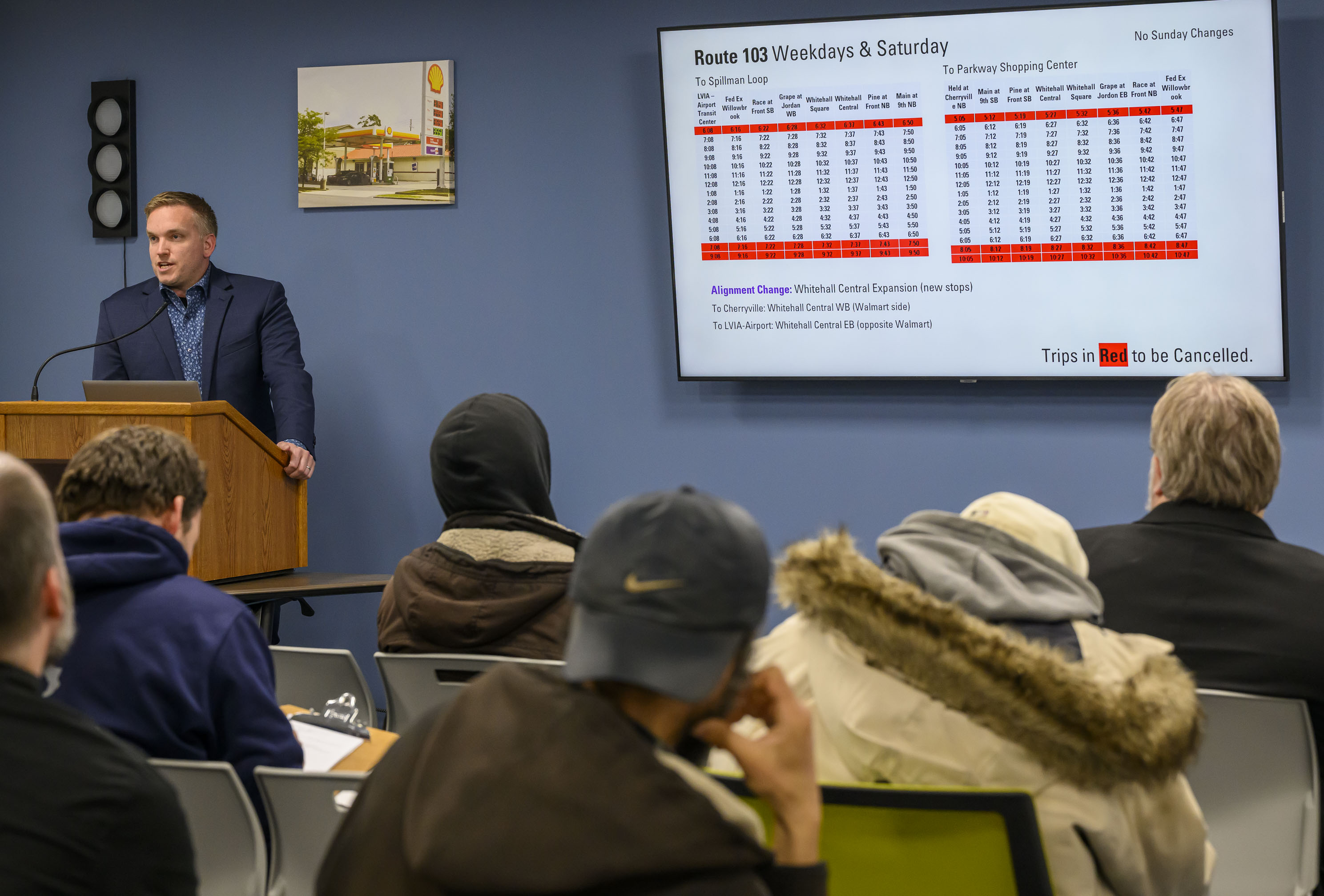 LANTA’s director of planning and scheduling AJ Knee speaks during...