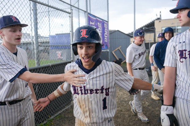 Liberty's Dereon Ellis (1) celebrates a scored run against Allen on Friday, April 17, 2026, in Allentown. (Jonathan Broady/Special to The Morning Call)