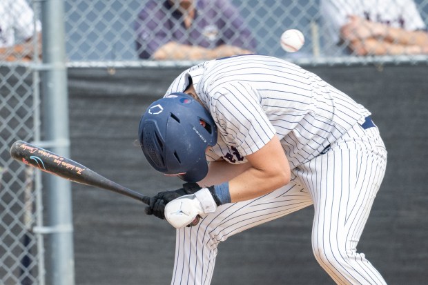 Liberty's Brogan Perreault (6) gets hit with the ball against Allen on Friday, April 17, 2026, in Allentown. (Jonathan Broady/Special to The Morning Call)