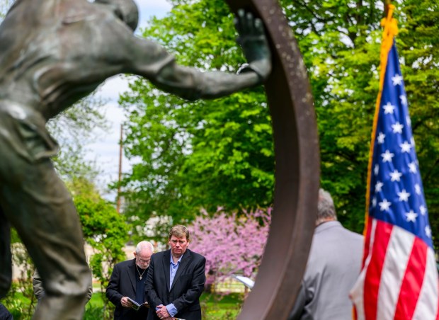 Former Northampton County Executive Lamont G. McClure attends the 35th annual Lehigh Valley Workers' Memorial Day ceremony Sunday, April 26, 2026, in the Bethlehem Rose Garden. The ceremony remembered one of the area's bloodiest workplace tragedies, when when two gunmen walked into the First National Bank of Bath and shot five people June 6, 1986, killing three immediately, and a fourth who died years later. Three names will be added this year to the Lehigh Valley Workers' Memorial list, which includes roughly 4,400 workplace facilities since before the Civil War. Added this year are April Lubenetski, 51, who died May 19, 2025, after suffering from occupational cancer as a result of her employment as an Emmaus and Lehigh Township volunteer firefighter; Steven Gill, 36, who died May 21, 2025, when he was hit by an excavator in Weisenberg Township; and James Akins, 57, who died July 29, 2025, after suffering a medical event while installing solar panels on a roof in Allen Township.(April Gamiz/The Morning Call)