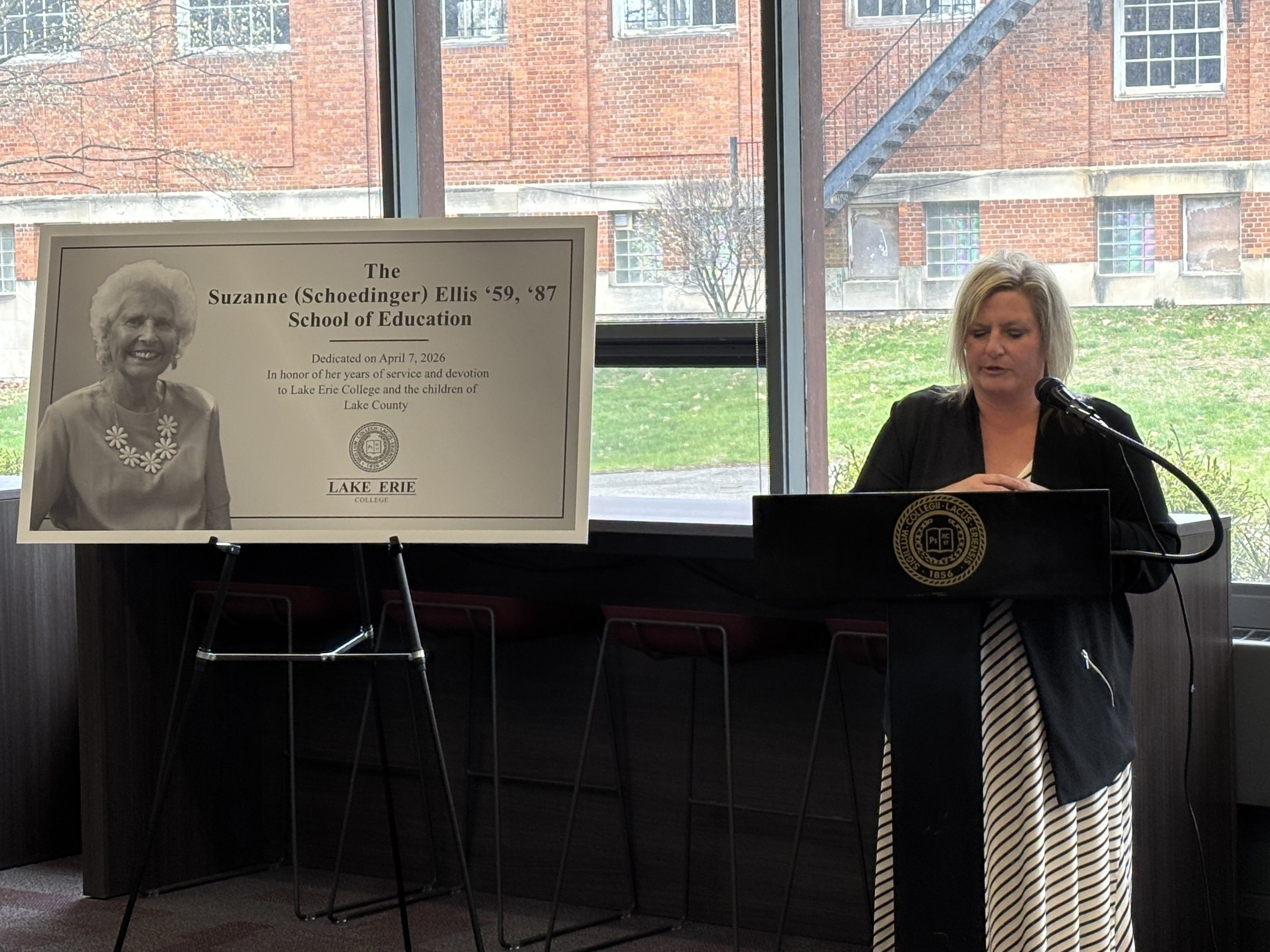 Lake Erie College President Jennifer Schuller speaks at an April...