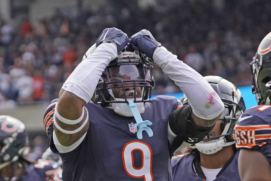 Chicago Bears safety Jaquan Brisker (9) celebrates a defensive stop against the Los Angeles Rams during the second half at Soldier Field