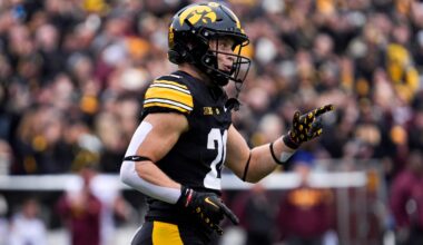 Iowa Hawkeyes wide receiver Kaden Wetjen (21) reacts after returning a punt for a touchdown against the Minnesota Golden Gophers Oct. 25, 2025 at Kinnick Stadium in Iowa City, Iowa.