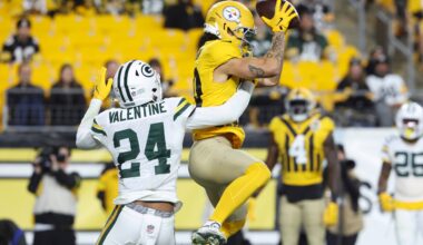 Oct 26, 2025; Pittsburgh, Pennsylvania, USA; Pittsburgh Steelers wide receiver Roman Wilson (10) attempts a catch against Green Bay Packers cornerback Carrington Valentine (24) during the fourth quarter at Acrisure Stadium.