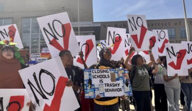 Students from Lankenau High School protest the planned closing of their high school before the school board meeting on Thursday. A planned vote on the facilities master plan — and Lankenau's closure — was postponed a week at City Council's urging.