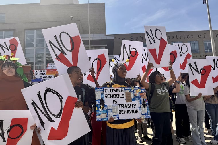 Students from Lankenau High School protest the planned closing of their high school before the school board meeting on Thursday. A planned vote on the facilities master plan — and Lankenau's closure — was postponed a week at City Council's urging.