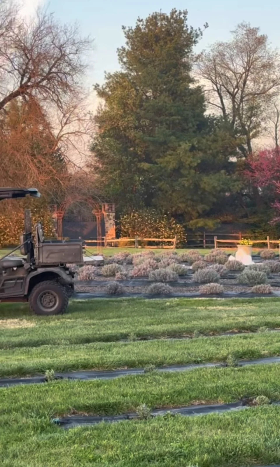 A tractor tending to the fields at Yolanda Hadid's farm