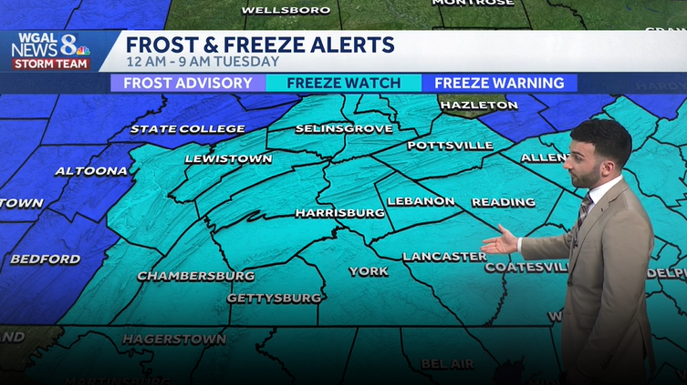 Breezy & chilly Monday, Freeze Watch for Tuesday AM across south-central Pennsylvania