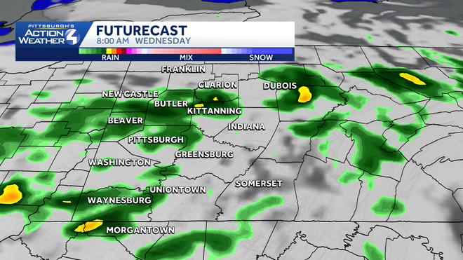Isolated rain showers will be around Wednesday morning. western pa: sunshine today, freezing temperatures tonight