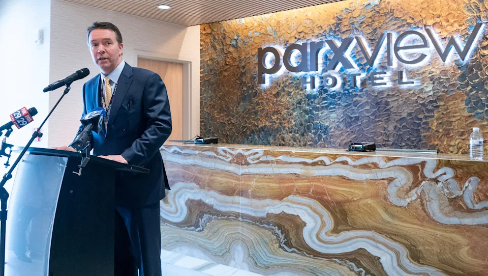 Eric Hausler, CEO of Parx, speaks at the ribbon cutting for the Parxview Hotel in Bensalem on March 26, 2026.