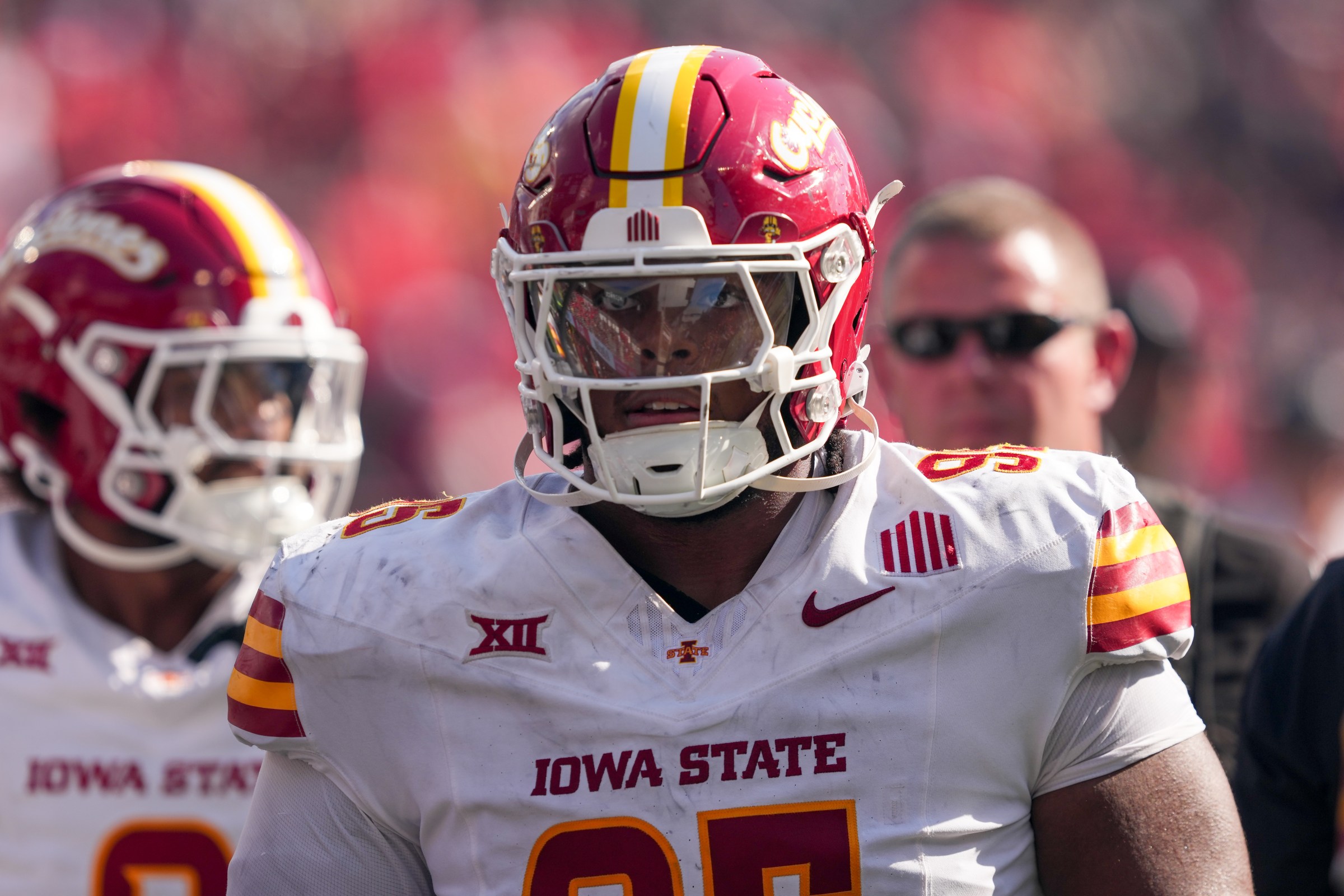 CINCINNATI, OHIO - OCTOBER 04: Domonique Orange #95 of the Iowa State Cyclones walks off the field after losing to the Cincinnati Bearcats 38-30 at Nippert Stadium on October 04, 2025 in Cincinnati, Ohio. (Photo by Dylan Buell/Getty Images)