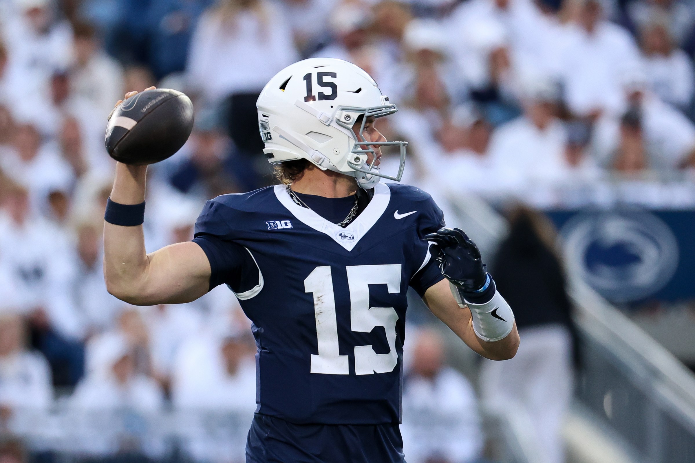 STATE COLLEGE, PENNSYLVANIA - OCTOBER 11: Drew Allar #15 of the Penn State Nittany Lions passes the ball during the fourth quarter against the Northwestern Wildcats at Beaver Stadium on October 11, 2025 in State College, Pennsylvania. (Photo by Isaiah Vazquez/Getty Images)
