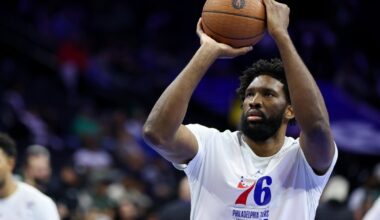 Philadelphia 76ers' Joel Embiid participates in parts of practice, listed as doubtful for Game 3 vs. Celtics