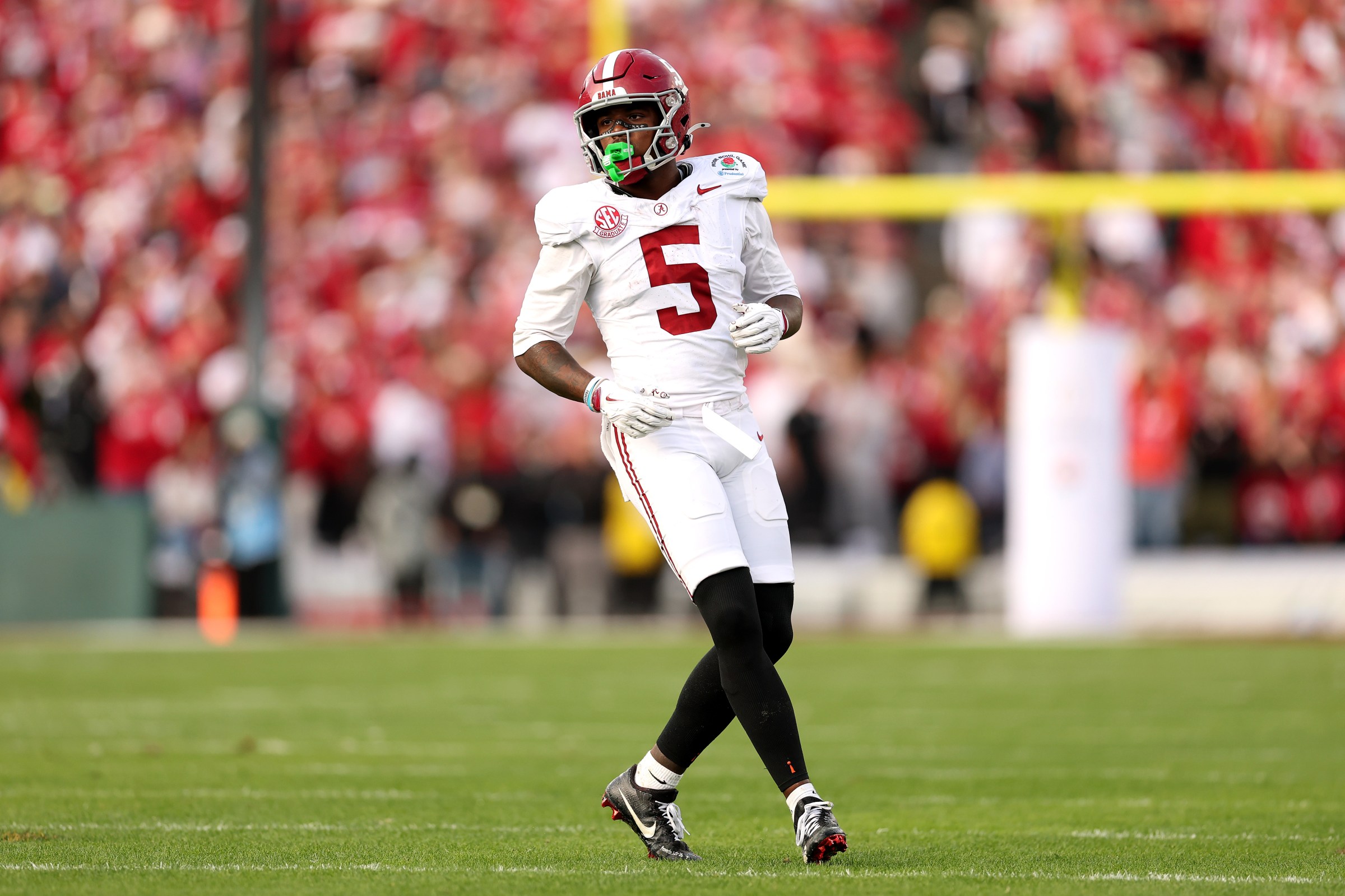 PASADENA, CALIFORNIA - JANUARY 01: Germie Bernard #5 of the Alabama Crimson Tide in action against the Indiana Hoosiers in the College Football Playoff Quarterfinal at Rose Bowl Stadium on January 01, 2026 in Pasadena, California. (Photo by Luke Hales/Getty Images)