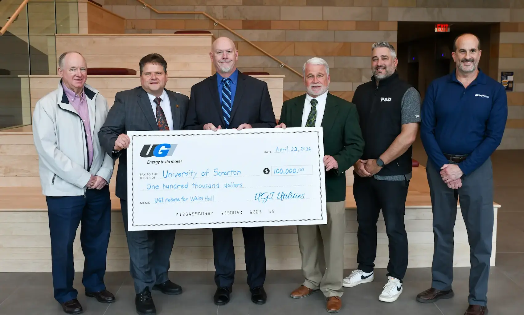 UGI Presents Rebate Check to University of Scranton