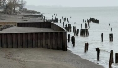 A mix of older and newer shoreline protection structures along the Lake Erie shoreline near Erie Shore Drive. (Kylie Brezden)