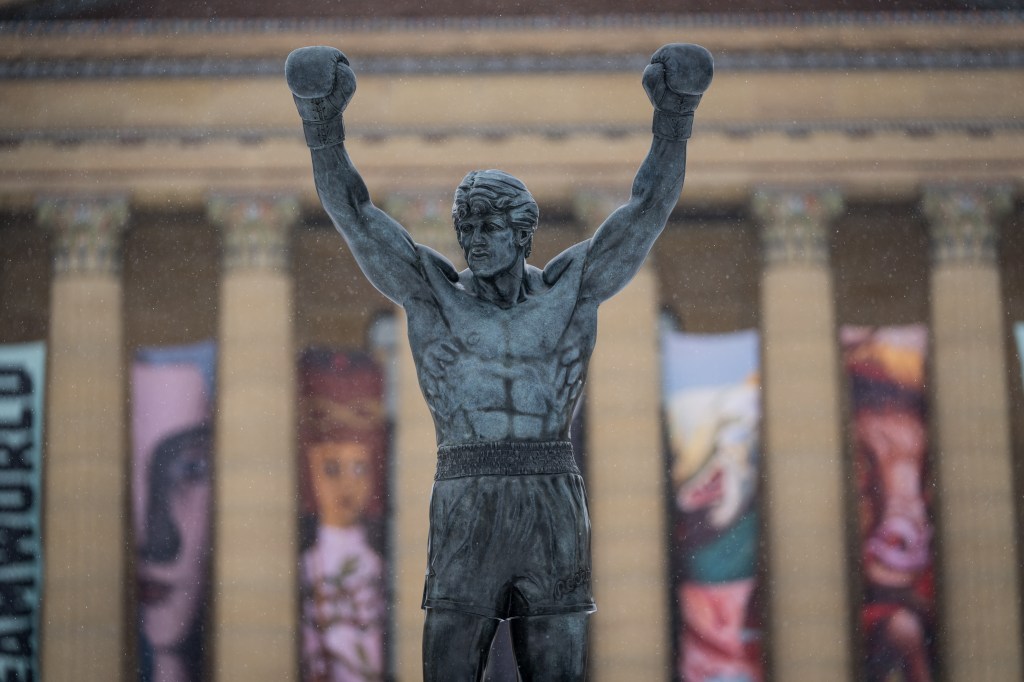 The Rocky statue in Philadelphia during a snowstorm.