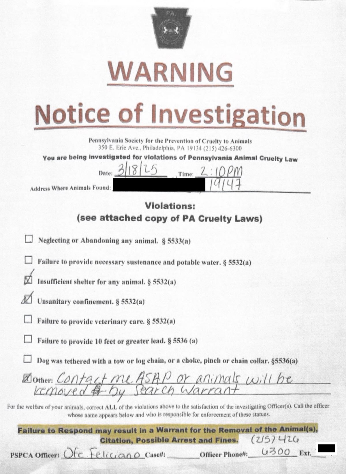 One of the notices the PSPCA posted on the South Philadelphia cat owner's door